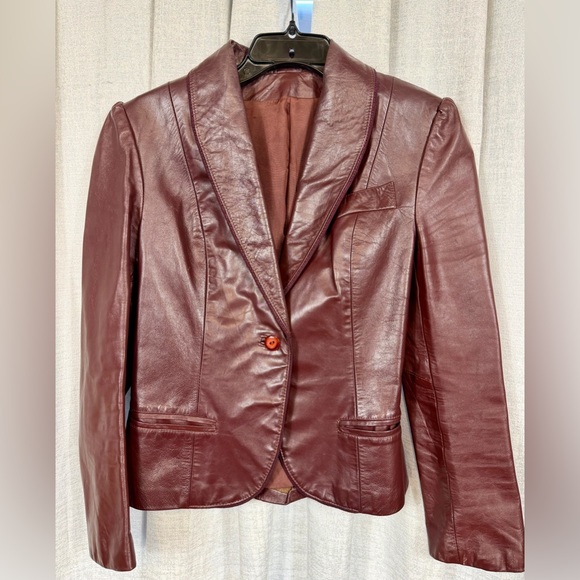 Burgundy Genuine Leather Blazer Jacket Women’s Fitted Single Button Vintage - Picture 2 of 10